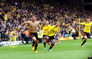 Watford's Troy Deeney scores the winning goal during the npower Football League Championship match at Vicarage Road.